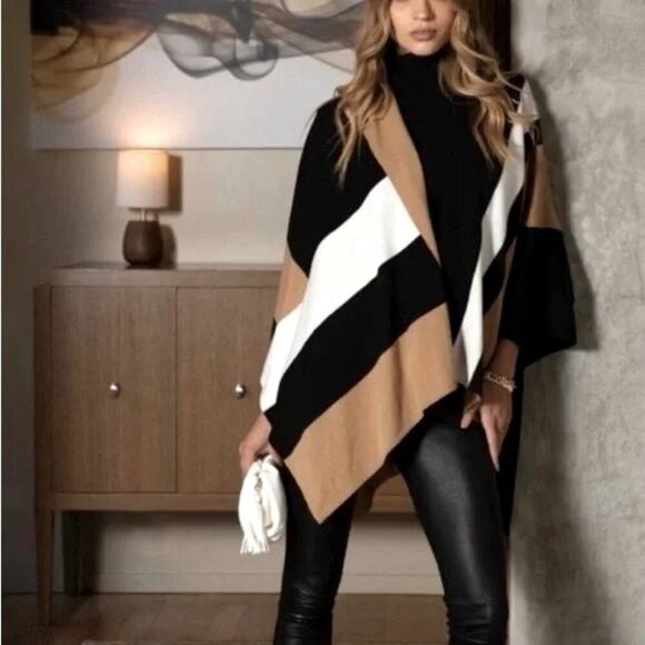 Parrish LA black/brown/ivory striped wrap NWOT - Picture 1 of 9
